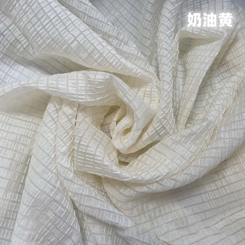 Textile And Sewing Materials - 크림 옐로우 체크 패브릭 여름 의상